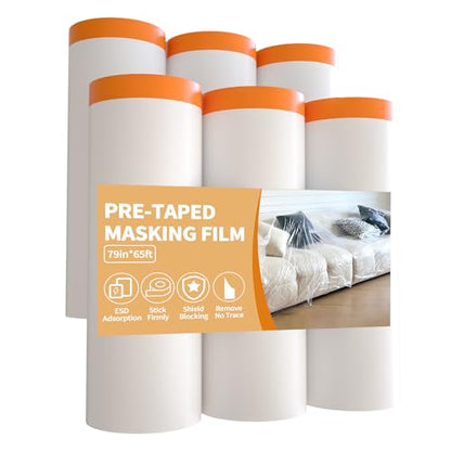 Pre-Taped Masking Film 79inch x 65ft (6 Rolls) - Wide Plastic Painting Drop Cloth for Doors & Floors - Protective Film for SUV & Truck Painting - size: 79in x 65Ft