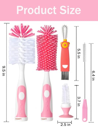 5 in 1 Bottle Cleaner Brush Set with Nylon and Silicone Bottle Brush, Straw Brush, Bottle Brush with Nipple Cleaner and Suction Cup, Cup Lid Cleaner Brushes Kit, BPA-Free (Pink) - color: Pink-nylon & Silicone Brush