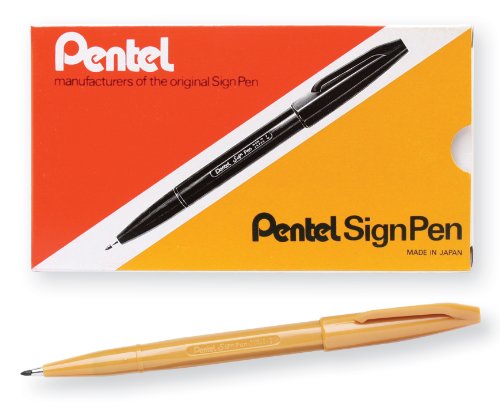Pentel Sign Pen Fiber-Tipped Pen, Yellow Ochre Ink, Box of 12 (S520-Y), Orche - color: Yellow Ochre, size: 12 Count (Pack of 1)