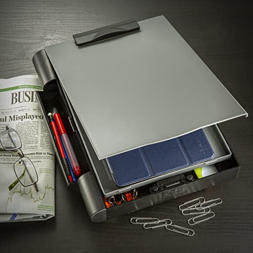 Officemate Double Storage Clipboard, Form Holder with 2 Compartments, Magnetized Storage, Pen Holder & Clip, Letter Size, Recycled Plastic, Gray/Black (83357) - size: Letter size