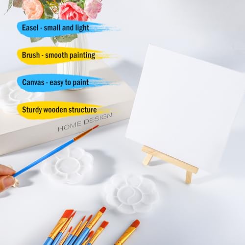 20 Pack Mini Canvas and Easel Set, 5.9 X 5.9 inch Small Painting Canvas Panel with Mini Easel, Mini Canvases with 10 Brushes & 5 Paint Tray,Art Canvases Painting Kit for Birthday Party Favors