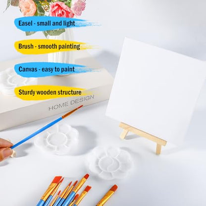 20 Pack Mini Canvas and Easel Set, 5.9 X 5.9 inch Canvas for Drawing, Mini Painting Canvases with 50 Brushes & 20 Paint Trays, Art Painting Kits for Birthday Party Favors