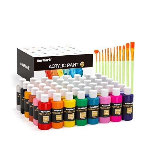 AnyMark Acrylic Paint Set, 48 Classic Colors with 12 Brushes, 2 fl oz/60ml Bottles, Art kit Painting Supplies for Adults Canvas, Rock, Wood - color: Classic, size: 2 Fl Oz (Pack of 48)