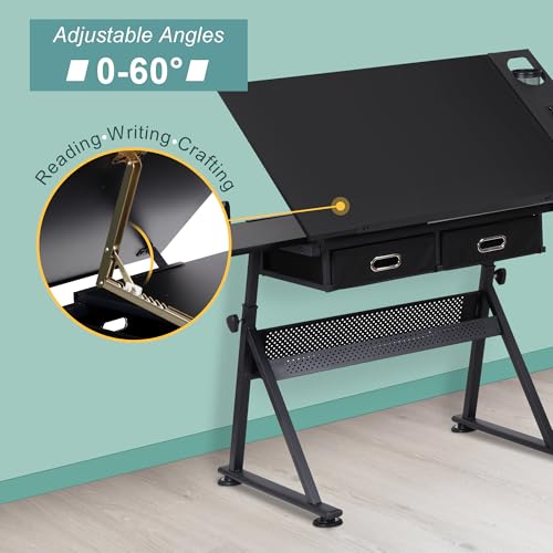 ZENY Adjustable Drafting Table with Stool, Tilting Drawing Desk Artist Table with Storage Drawers, Art Craft Workstation for Home Office Reading, Writing, Crafting - color: Black
