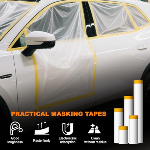 Pre-Taped Masking Film 79inch x 65ft (6 Rolls) - Wide Plastic Painting Drop Cloth for Doors & Floors - Protective Film for SUV & Truck Painting - size: 79in x 65Ft