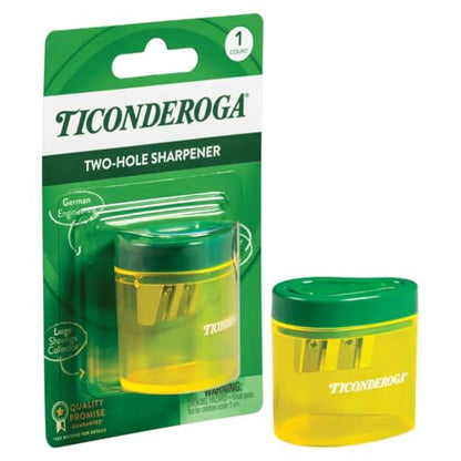 Ticonderoga Two-Hole Manual Pencil Sharpener for Standard and Beginner Pencils, Yellow/Green, 2" x 2" x 1.25", German-Engineered, 6 Count - style: 2-Hole, 6-Pack