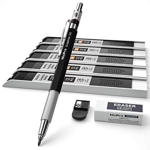 Nicpro 2.0 mm Mechanical Pencil Set, Artist Metal Lead Holder Metal Marker Carpenter pencils with 60 Graphite Lead Refill HB, 2H, 4H, 2B, 4B, Eraser, Sharpener for Draft Drawing, Writing Art Sketching - size: 1 Count (Pack of 1)
