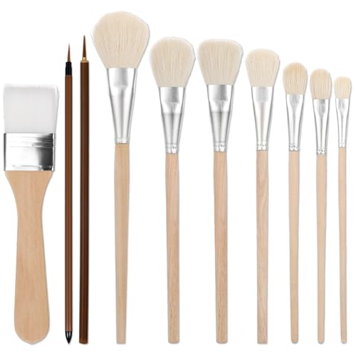 Nogeqi 10 Pcs Assorted Size Mop Brush for Acrylic Painting Goat Hair Oil Painting Brushes Acrylic Blending Brush with Wooden Handle for Watercolor Face Body Art Pottery