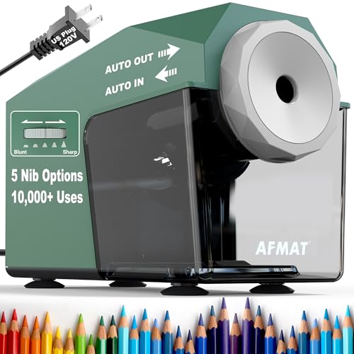 AFMAT Electric Pencil Sharpener, Fast & Hands-Free, 10K+ Uses, 5 Nibs, Fully Automatic Pencil Sharpener for Classroom, Heavy Duty Sharpeners for No.2/Jumbo/Colored Pencils (φ6.5-10.5mm) US Plug(120V) - color: Green