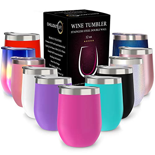 CHILLOUT LIFE 12 oz Stainless Steel Wine Tumbler with Lid - Double Wall Vacuum Insulated Wine Cup Glass Keeping Cold & Hot for Coffee, Champagne, Cocktails, Ice Cream - Powder Coated Pink - color: Hot Pink, style: 1 Pack