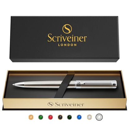 Scriveiner Stainless Steel Ballpoint Pen - Stunning Luxury Pen with Stainless Steel Finish, Schmidt Black Refill, Best Ball Pen Gift Set for Men & Women, Professional, Executive, Office, Nice Pens - color: 8. Stainless Steel with Chrome