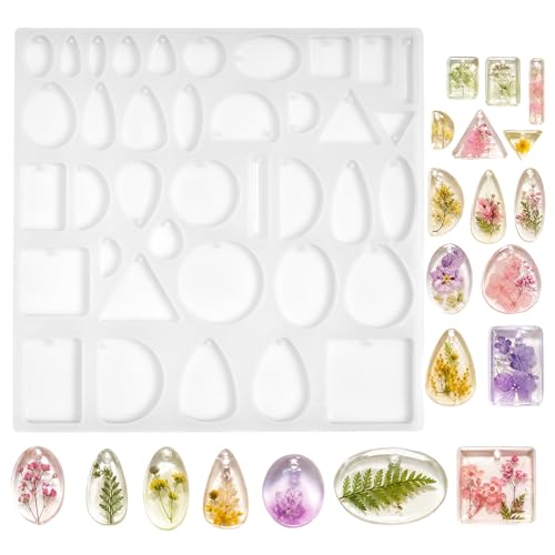 Resin Jewelry Molds Silicone Molds Casting Tray with Hole Assorted Shapes Handmade Resin Pendant Mold for DIY Gem Cabochon Earring Necklace Jewelry Keychain Bookmark Making Kit Crafting Projects