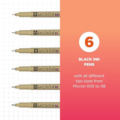 SAKURA Pigma Micron Fineliner Pens - Archival Black Ink Pens - Pens for Writing, Drawing, or Journaling - Assorted Point Sizes - 6 Pack - size: 6 Count (Pack of 1)