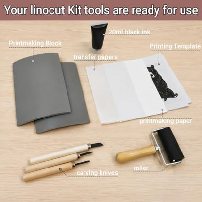 Lnncdsc Linocut Kit with Soft Linoleum Blocks and Carving Tools for Printmaking | Includes easy-carve linoleum blocks and multi-size carving cutters; complete printmaking supplies for beginners, artists
