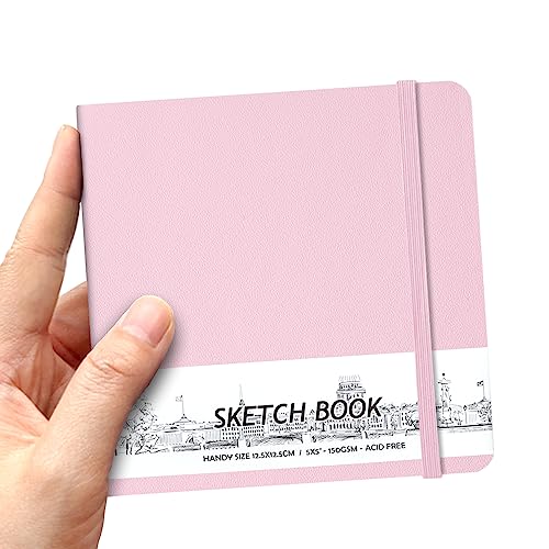 qianshan 5" x 5" Hardcover Sketch Book,Small Mixed Media Sketch Pad,58 Sheets 150GSM Acid-Free Artist Drawing Paper,Travel Journal Blank Notebook for Adults Painting,Illustration,Art Supplies.Pink - color: 150gsm PU-pink