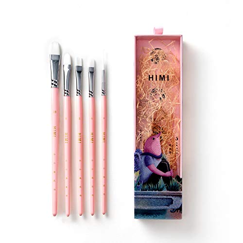 HIMI Little Bird Paint Brushes Set 5 Pcs for Acrylic Oil Gouache Paint，1 Wide Brush, 3 Fan Brush,1 Liner Brush, Interesting Designed Nice Gift for Art hobbyist Beginners Artists (Pink,5 Pcs) - color: Pink