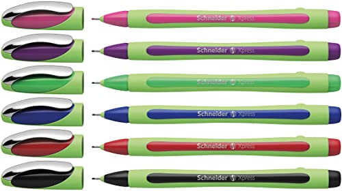 Schneider Xpress Premium Fineliner, 0.8 mm Porous Point, Light Green Barrel, Assorted Ink Colors, Wallet of 6 Pens: Black, Red, Blue, Green, Violet, Pink (190086) - color: Assorted, 6 pack