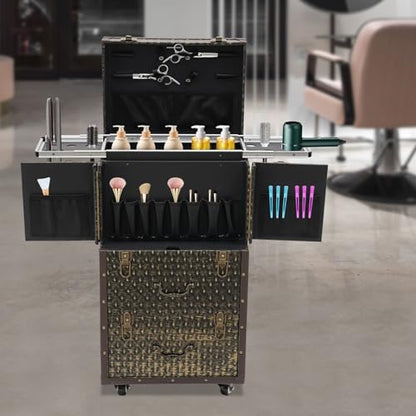 Lockable Makeup Train Case,55.1lbs Rolling Hairdressing Trolley,Beauty Salon Cosmetic Luggage with Universal Wheels for Hair Stylist,Make-up Artists (Brown) - color: Brown