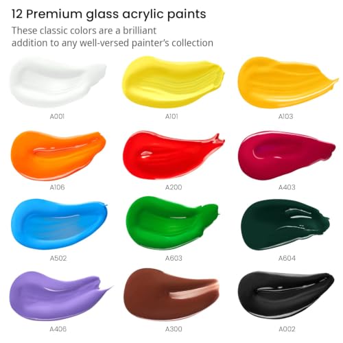 ARTEZA Glass Paint – Acrylic Paint Set of 12 Classic Colors, 0.74 Fluid Ounce Tubes, for Glass and Ceramics, for Artists, Crafters and Beginners