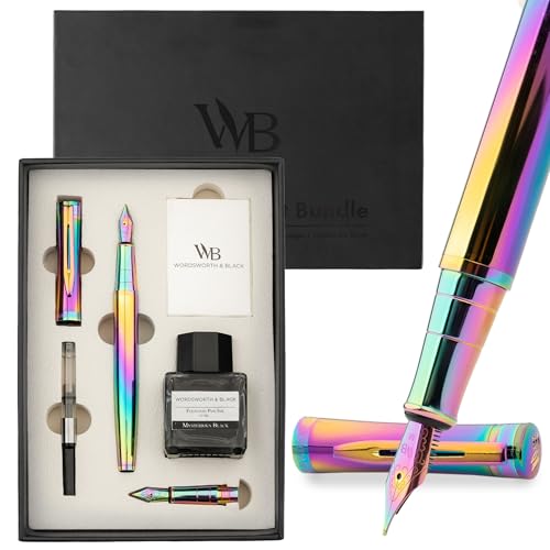 Wordsworth & Black Fountain Pen Set, 18K Gilded Medium and Extra Fine Nib, 25ML Black Ink Bottle, 6 Ink Cartridges,Refill Converter, Gift Box,Smooth Writing Pens [Rainbow],Gift Set for Men and Women - color: Rainbow