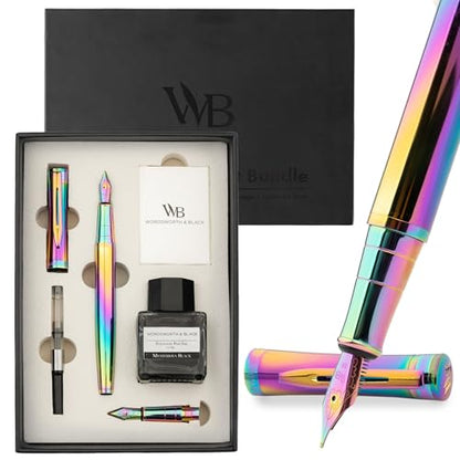 Wordsworth & Black Fountain Pen Set, 18K Gilded Medium and Extra Fine Nib, 25ML Black Ink Bottle, 6 Ink Cartridges,Refill Converter, Gift Box,Smooth Writing Pens [Rainbow],Gift Set for Men and Women - color: Rainbow