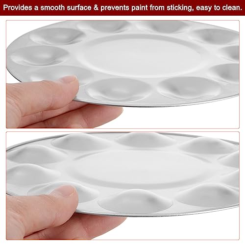 HARFINGTON 2pcs Aluminum Round Paint Mixing Pallet, 10 Wells, Silver, 6.7" x 3.35" - Paint Palette Tray for Acrylic, Oil, Watercolor, Gouache