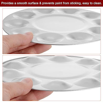 HARFINGTON 2pcs Aluminum Round Paint Mixing Pallet, 10 Wells, Silver, 6.7" x 3.35" - Paint Palette Tray for Acrylic, Oil, Watercolor, Gouache