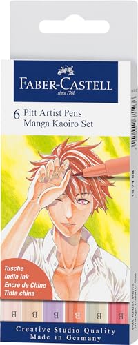 Faber-Castell Pitt Artist Pen Manga Kaoiro Drawing and Illustration Wallet - 6 India Ink Artist Markers - style: Manga Kaoiro (6 Brush Nibs)