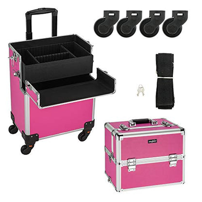 mefeir 3 in 1 Rolling Makeup Train Case, Aluminum Makeup Travel Organizer Cosmetic Case, Cosmetology Display Suitcase on Wheels, Beauty Storage Luggage Lockable w/4 Removable Wheels (Rose-Pink) - color: Rose Pink