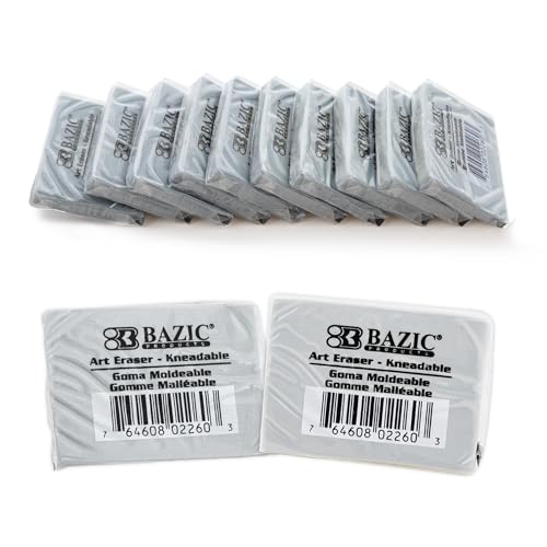BAZIC Products Kneaded Art Eraser, Moldable Non-Abrasive Eraser, for Drawing Charcoal Pastel, Smudge-Free, for Pencil Marks, 12 Pack