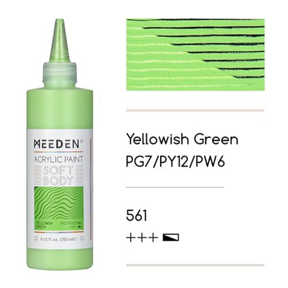 MEEDEN Soft Body Acrylic Paint: Yellow Green Light Matte Finish - 250ml/8.45oz Bulk Acrylic Colors in Ergonomic Bottle - Fluid Flow Art Paints for Artists Canvas Painting - color: Yellow Green (light)
