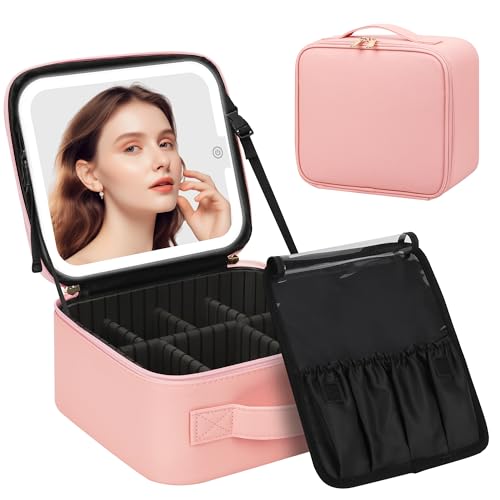 Chomeiu Makeup Bag with LED Mirror, Cute Cosmetic Bags Birthday Gifts for Girls Women, Makeup Train Case Artists Organizer Large Make Up Bags with Light Up Mirror 3 Color Lights, Pink 2 - color: 04-Pink 2, size: A-Small