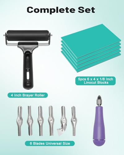 UCEC 7 Pack Linocut Block Printing Kit – Includes 5 Soft 4" x 6" Linoleum Blocks and Lino Cutting Tools with 6 Blades Universal Size, 4’’ Brayer Roller, Complete Rubber Stamp Carving Kit for Beginner - color: 7pcs(linoleum Knife+4 Inch Brayer Roller+rubbe