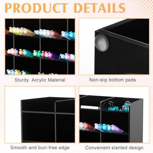 MotiMind Acrylic Pen Organizer Storage for 200 Markers Vertical Marker Organizer Acrylic Pen Display Holder for Office Desk Desktop Stationery Pencil Storage, Black, 13 x 4 x 10.2 Inch