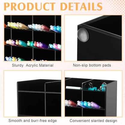 MotiMind Acrylic Pen Organizer Storage for 200 Markers Vertical Marker Organizer Acrylic Pen Display Holder for Office Desk Desktop Stationery Pencil Storage, Black, 13 x 4 x 10.2 Inch