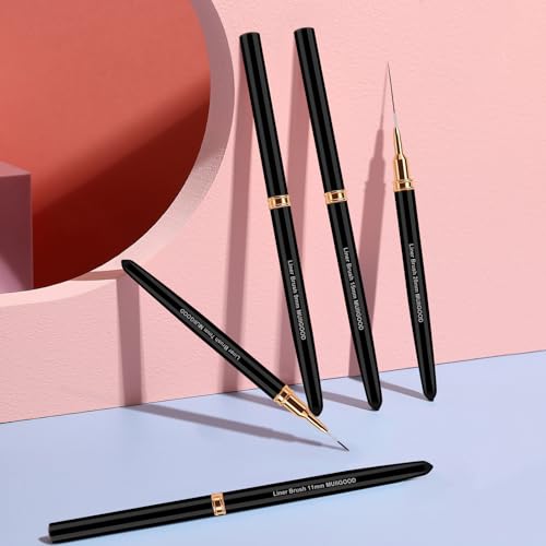 MUIIGOOD Nail Art Liner Brushes, 5Pcs Liner Brush For Nails, Painting Nail Art Brush Set Dotting Drawing Tool for Long Lines, Thin Details, UV Gel Polish Painting, Fine Drawing 7/9/11/15/25mm(Black) - color: Black