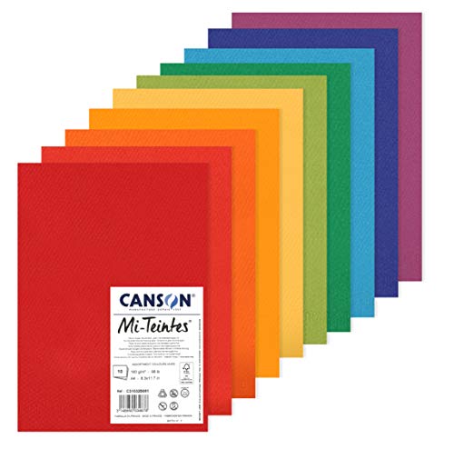 CANSON Mi-Teintes Coloured Drawing 160gsm A4 Paper Pack, Double Sided: Honeycomb & Fine Grain, 10 Bright Colour Sheets, Ideal for Professional Artists & Illustrators - color: BRIGHT COLOURS