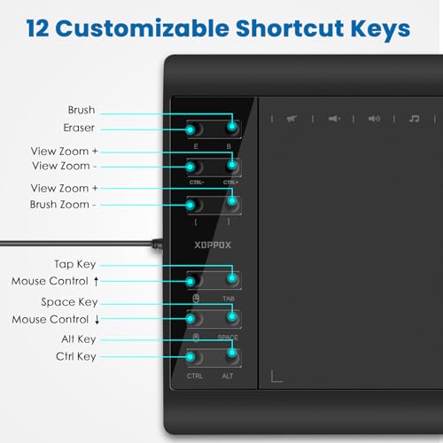 Graphics Drawing Tablet, 10×6 Inch Large Active Area with Battery-Free Stylus, 8192 Levels of Pen Pressure and 12 Hot Keys, Compatible with PC/Mac/Android for Painting, Design & Online Teaching