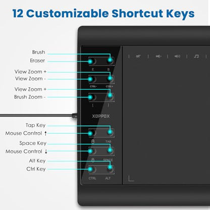 Graphics Drawing Tablet, 10×6 Inch Large Active Area with Battery-Free Stylus, 8192 Levels of Pen Pressure and 12 Hot Keys, Compatible with PC/Mac/Android for Painting, Design & Online Teaching