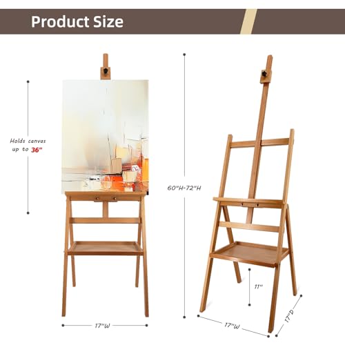 Solid Beech Wood Painting Easel with Storage Plate (60"~75" H), H-Frame Adjustable Art Wooden Easel Stand with Signature Plate for Adults, Students,Sturdy Canvas Holder up to 36'' - style: Easel Plate