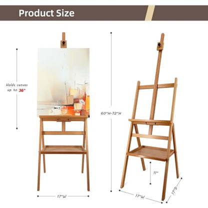 Solid Beech Wood Painting Easel with Storage Plate (60"~75" H), H-Frame Adjustable Art Wooden Easel Stand with Signature Plate for Adults, Students,Sturdy Canvas Holder up to 36'' - style: Easel Plate