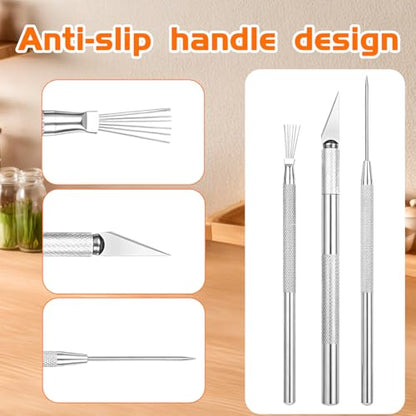 3 PCS Clay Needle Tools for Pottery Sculpting, Stainless Steel Ceramics Carving Knife & Texture Needle, Scoring Tool Set for Air Dry Clay Modeling, Dotting Trimming