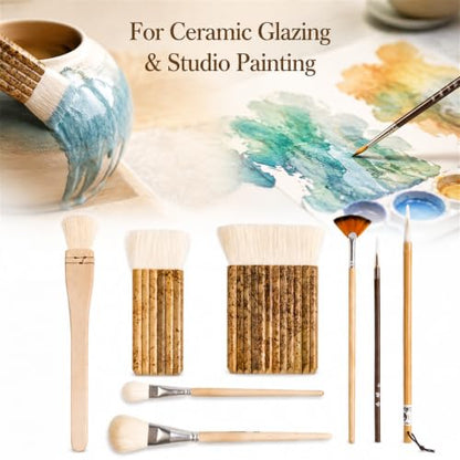 Set of 8 Pottery Glaze Brushes Tools, Wool Soft Bristle for Ceramic Glazing Acrylic Watercolor Oil Painting, Mop, Hake, Sumi, Fan, Fine Brush for Clay Wheel Kiln Blending Art Supplies - color: 8pcs