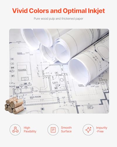 VEVOR Wide Format Paper, 24 in x 150 ft Plotter Roll, 8 Rolls CAD Bond Rolls with 2 in Core, 20 LB Bond Paper Rolls, Ideal for CAD Drawings, Engineering Plans, GIS Maps, and Architectural Designs - size: 24 in x 150 ft, style: 8 Rolls