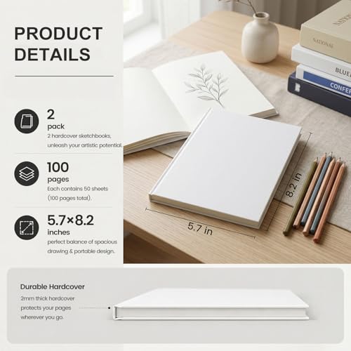 Koogel 2PCS Blank Hardbound Sketch Notebooks, White Drawing Notebooks 5.7" x 8.2" Hardcover Sketchbooks Blank Thick Smooth Notebook for Kids to Write Stories 50 Sheets 100gsm Inner Paper