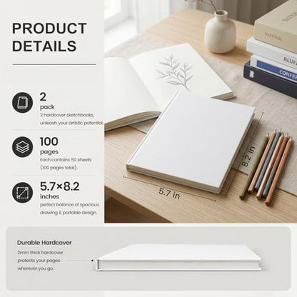 Koogel 2PCS Blank Hardbound Sketch Notebooks, White Drawing Notebooks 5.7" x 8.2" Hardcover Sketchbooks Blank Thick Smooth Notebook for Kids to Write Stories 50 Sheets 100gsm Inner Paper