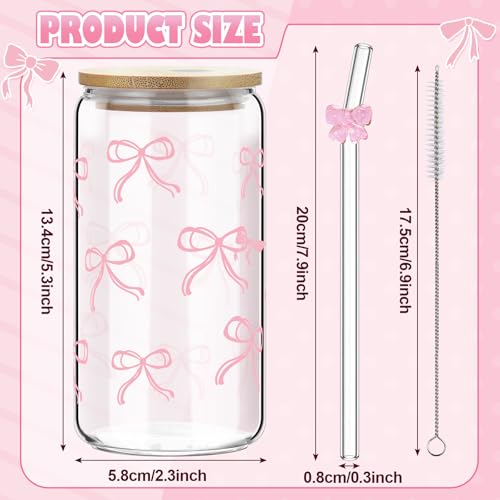 4 Set 16 oz Coquette Bows Glass Cups with Lids and Bows Straws Cleaning Brushes Aesthetic Iced Coffee Cup Reusable Mug for Women Sister Birthday Gift Not Dishwasher Safe(Pink,Bow) - color: Pink, size: Bow