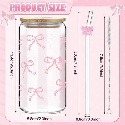 4 Set 16 oz Coquette Bows Glass Cups with Lids and Bows Straws Cleaning Brushes Aesthetic Iced Coffee Cup Reusable Mug for Women Sister Birthday Gift Not Dishwasher Safe(Pink,Bow) - color: Pink, size: Bow