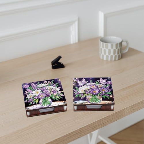 JISHSHAY 2 PCS Diamond Art Note Box Flower Diamond Painting Note Pad Holder Vase Gem Painting Gem Art Memo Boxes Mosaic Kits for Adults Embroidery Kit Memo Pad Holder, Contains 120 Sheets of Paper - color: Flower 2