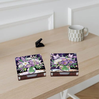 JISHSHAY 2 PCS Diamond Art Note Box Flower Diamond Painting Note Pad Holder Vase Gem Painting Gem Art Memo Boxes Mosaic Kits for Adults Embroidery Kit Memo Pad Holder, Contains 120 Sheets of Paper - color: Flower 2